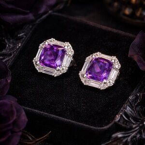 Amethyst & White Sapphire Halo Stud Earrings | 925 Sterling Silver | Art Deco